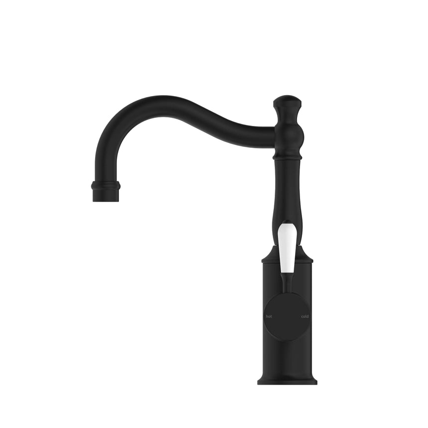 Nero York Basin Mixer Hook Spout With White Porcelain Lever Matte Black Tapware Nero
