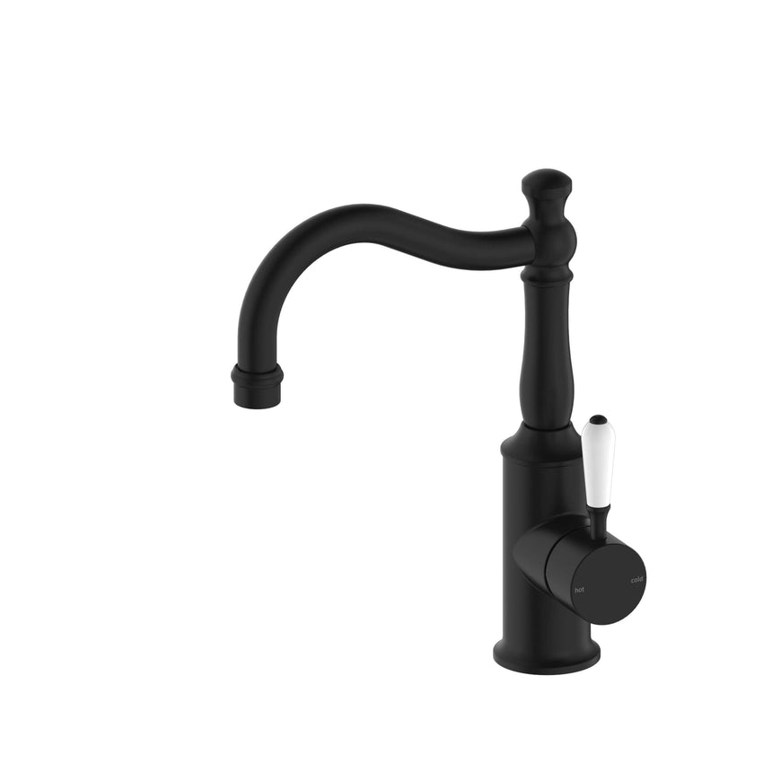 Nero York Basin Mixer Hook Spout With White Porcelain Lever Matte Black Tapware Nero