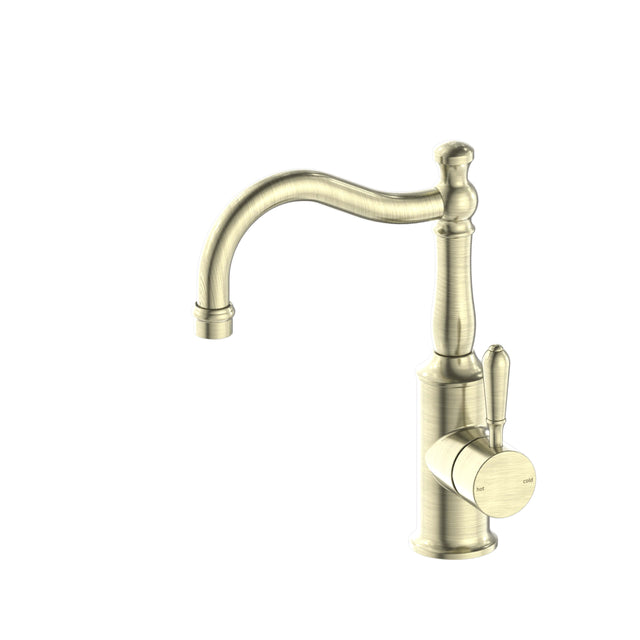 Nero York Basin Mixer Hook Spout With Metal Lever Aged Brass Tapware Nero