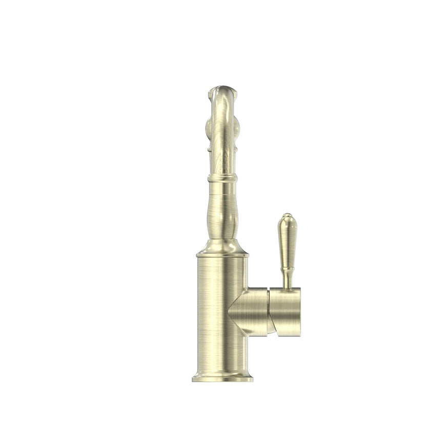 Nero York Basin Mixer Hook Spout With Metal Lever Aged Brass Tapware Nero