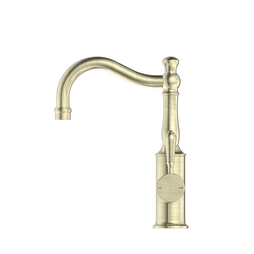 Nero York Basin Mixer Hook Spout With Metal Lever Aged Brass Tapware Nero