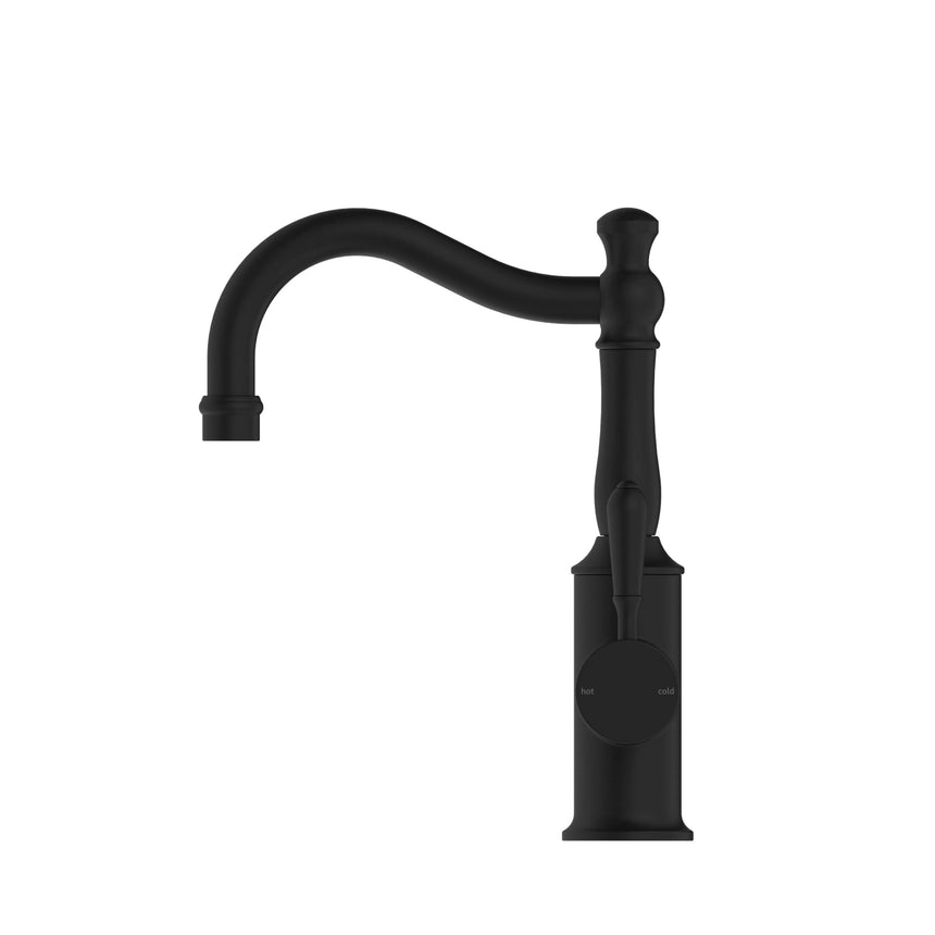 Nero York Basin Mixer Hook Spout With Metal Lever Matte Black Tapware Nero