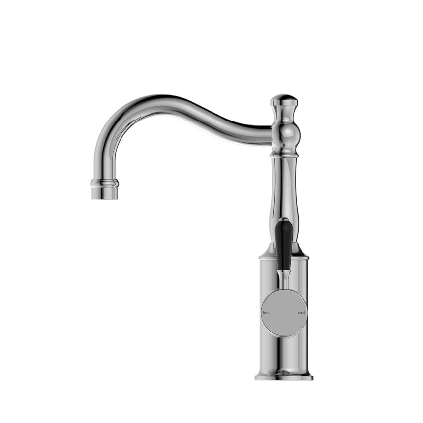 Nero York Basin Mixer Hook Spout With Black Porcelain Lever Chrome Tapware Nero