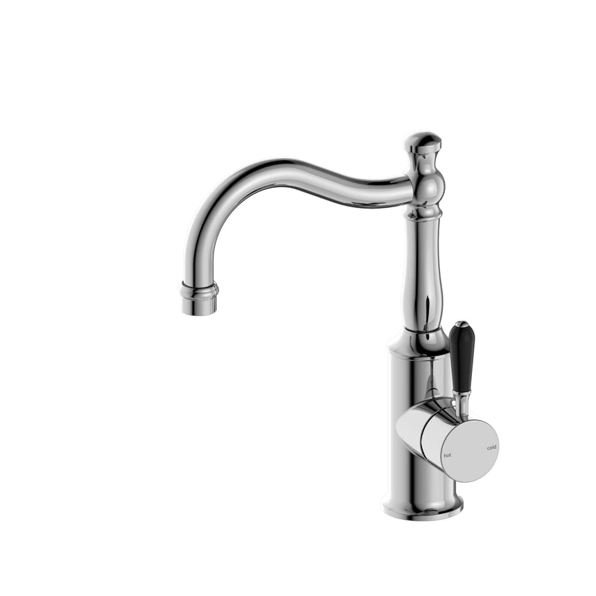 Nero York Basin Mixer Hook Spout With Black Porcelain Lever Chrome Tapware Nero
