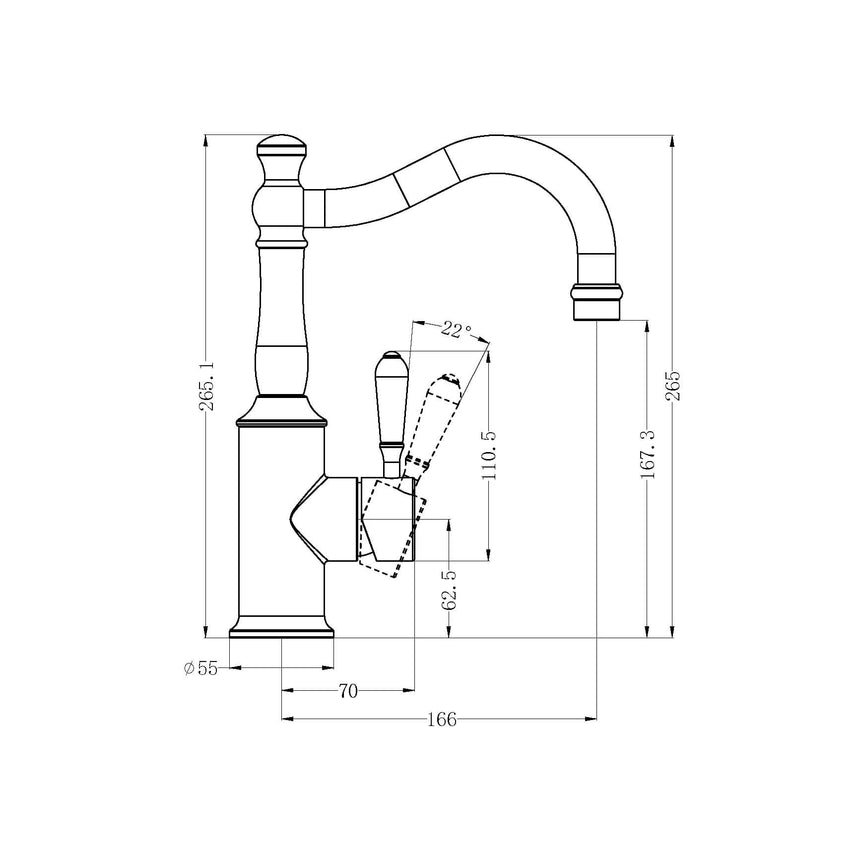 Nero York Basin Mixer Hook Spout With Black Porcelain Lever Chrome Tapware Nero
