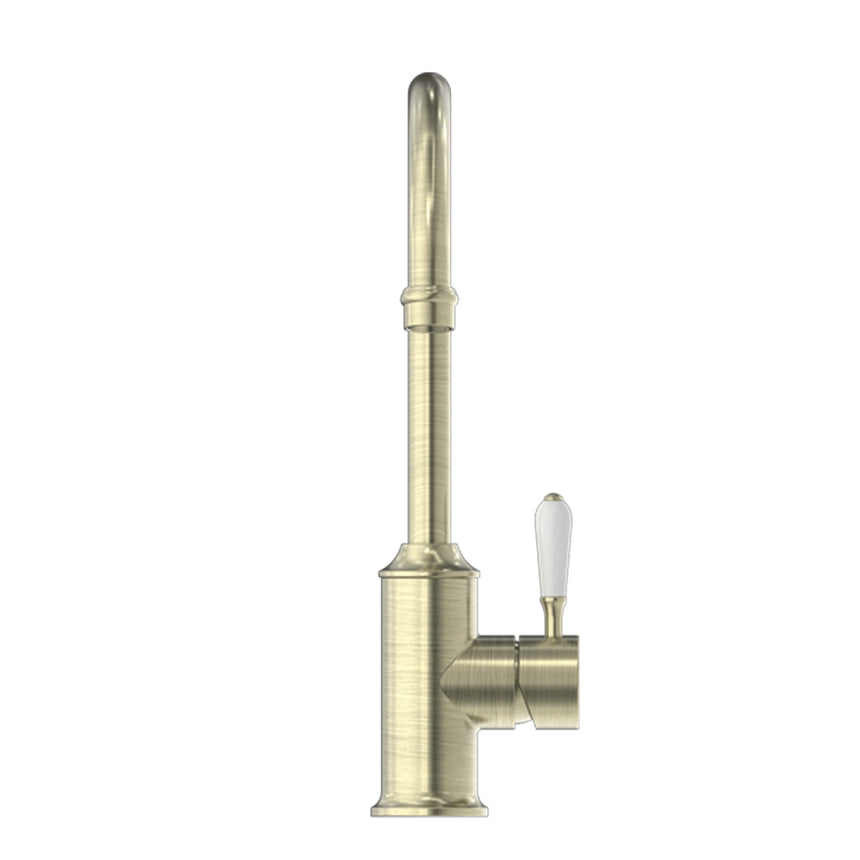 Nero York Kitchen Mixer Goosneck Spout With White Porcelain Lever Aged Brass Tapware Nero