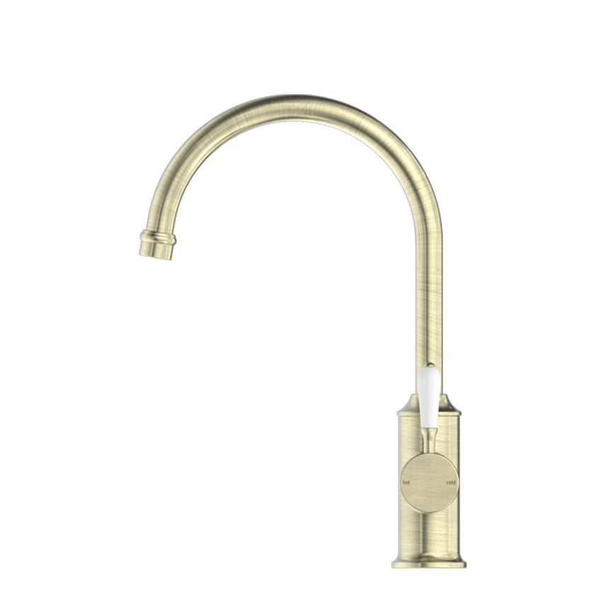 Nero York Kitchen Mixer Goosneck Spout With White Porcelain Lever Aged Brass Tapware Nero