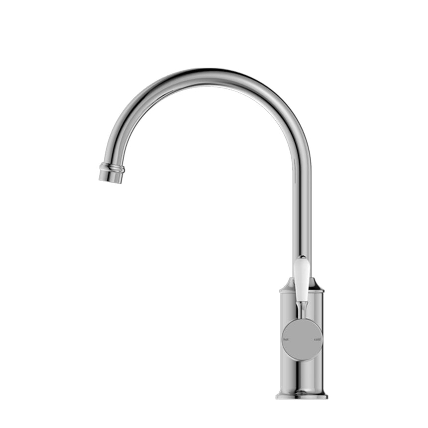 Nero York Kitchen Mixer Goosneck Spout With White Porcelain Lever Chrome Tapware Nero