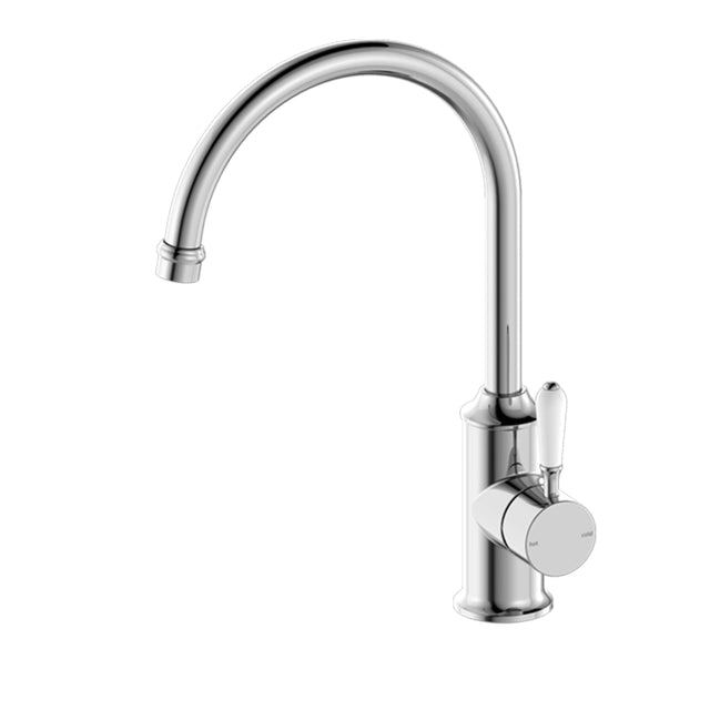 Nero York Kitchen Mixer Goosneck Spout With White Porcelain Lever Chrome Tapware Nero