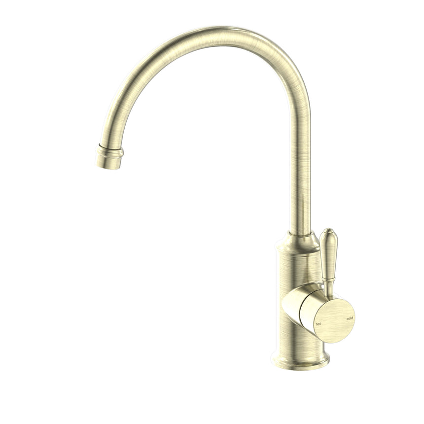 Nero York Kitchen Mixer Goosneck Spout With Metal Lever Aged Brass Tapware Nero