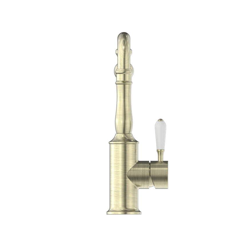 Nero York Kitchen Mixer Hook Spout With White Porcelain Lever Aged Brass Tapware Nero