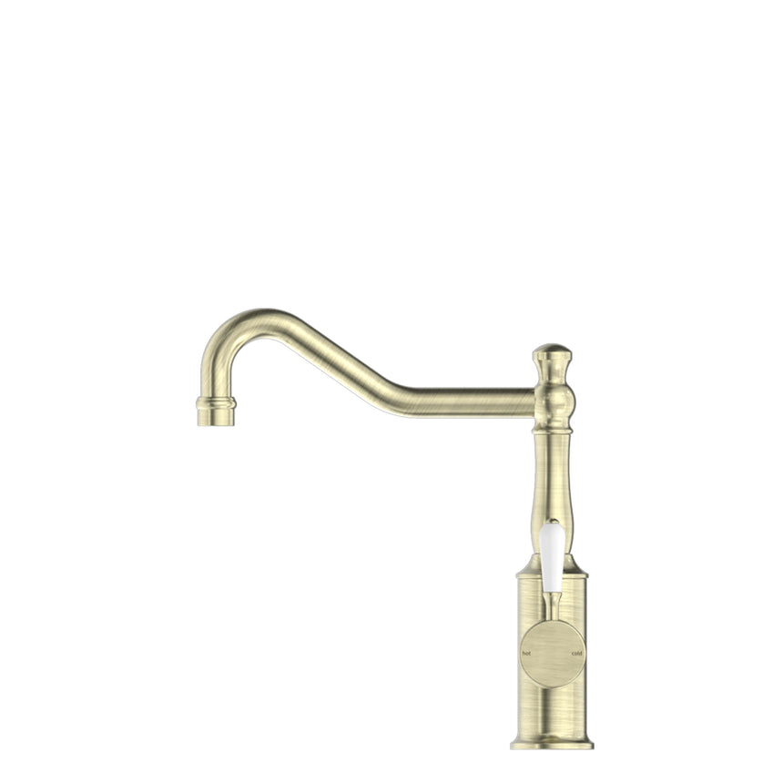 Nero York Kitchen Mixer Hook Spout With White Porcelain Lever Aged Brass Tapware Nero