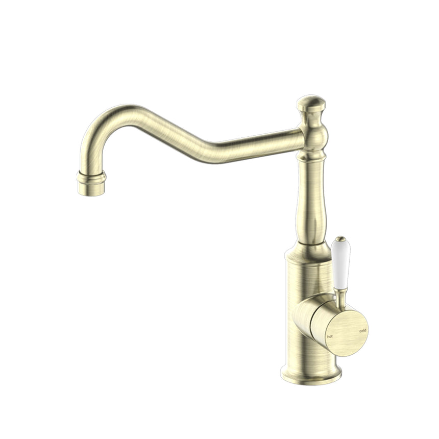 Nero York Kitchen Mixer Hook Spout With White Porcelain Lever Aged Brass Tapware Nero