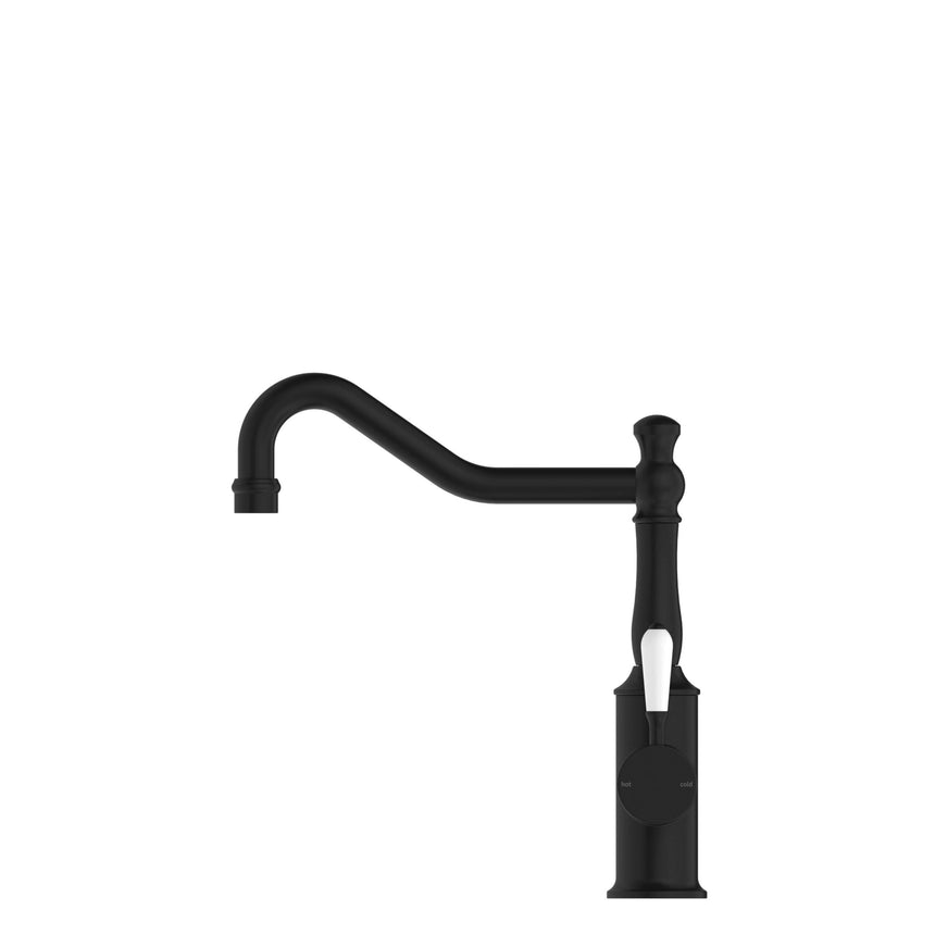 Nero York Kitchen Mixer Hook Spout With White Porcelain Lever Matte Black Tapware Nero