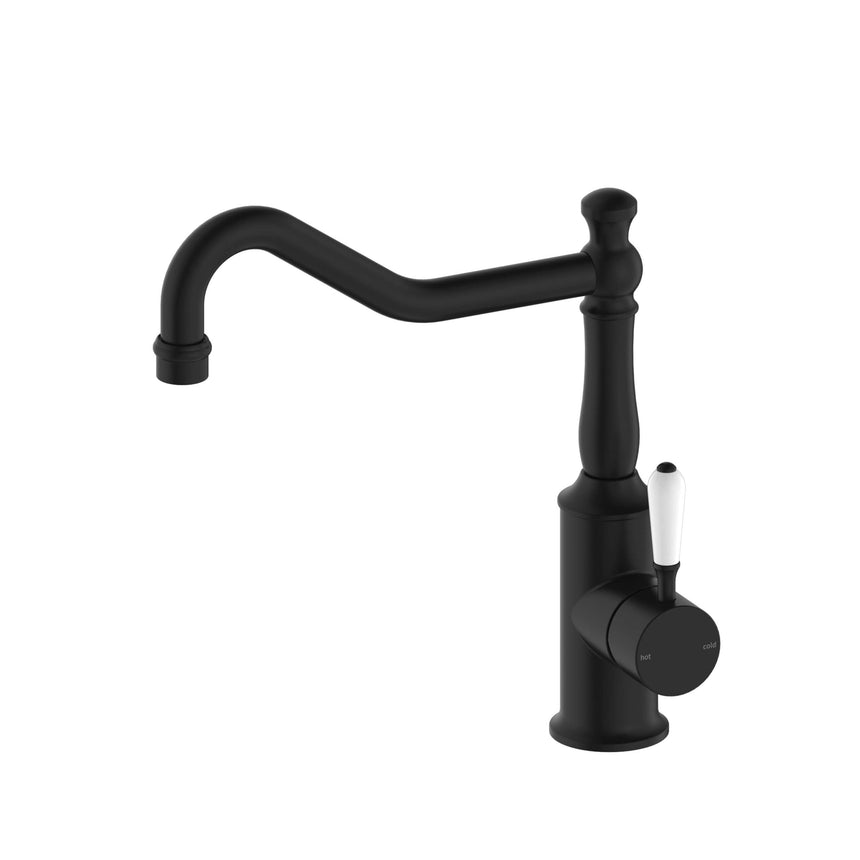 Nero York Kitchen Mixer Hook Spout With White Porcelain Lever Matte Black Tapware Nero