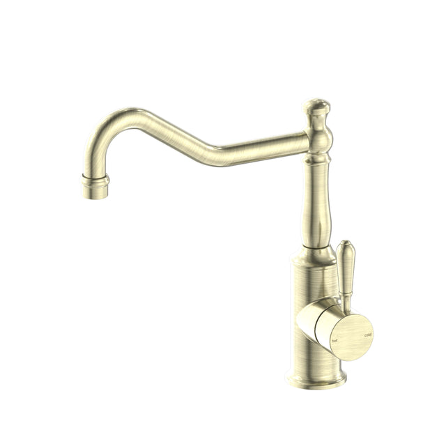 Nero York Kitchen Mixer Hook Spout With Metal Lever Aged Brass Tapware Nero