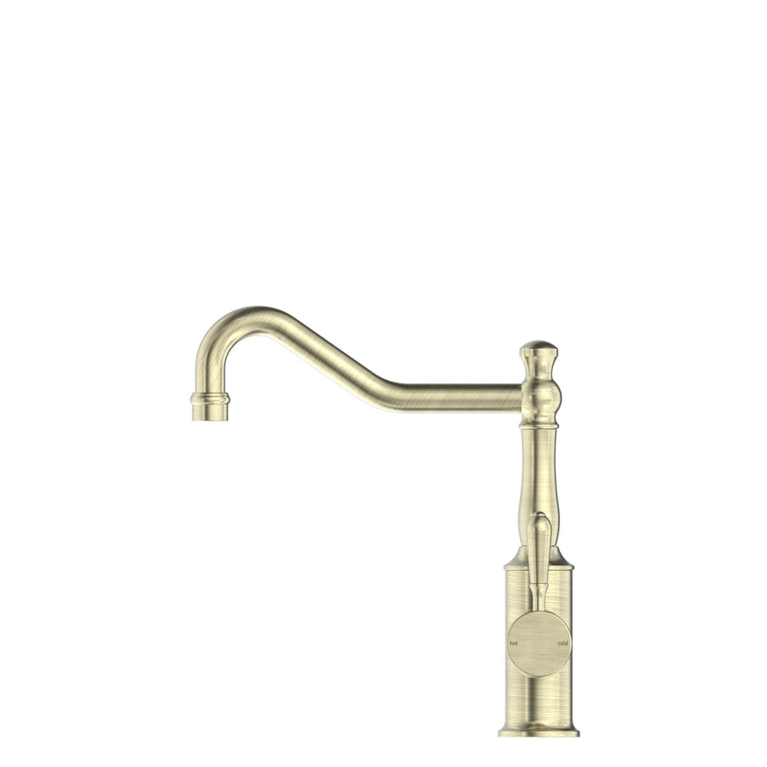 Nero York Kitchen Mixer Hook Spout With Metal Lever Aged Brass Tapware Nero