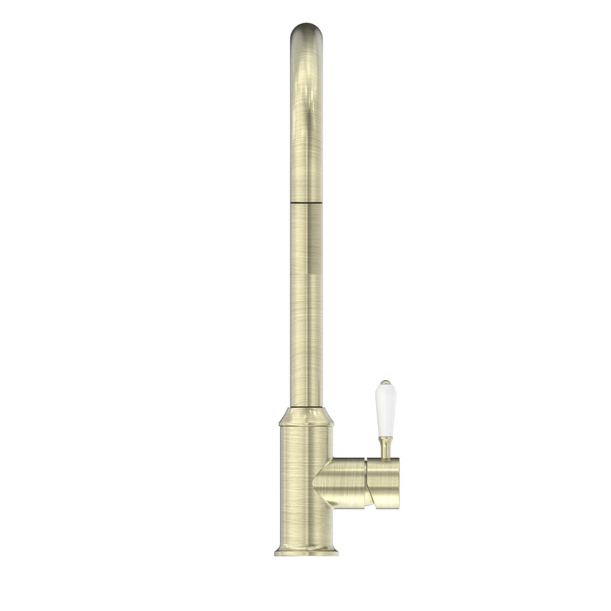 Nero York Pull Out Sink Mixer With Vegie Spray Function With White Porcelain Lever Aged Brass Tapware Nero