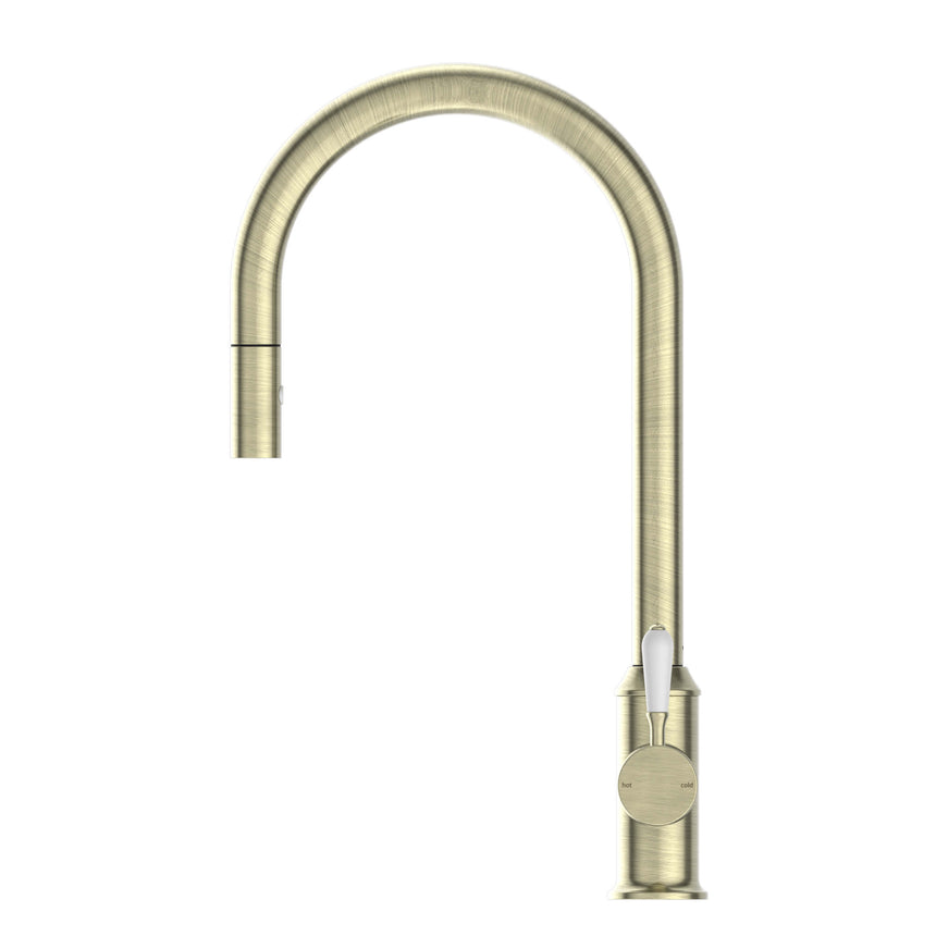 Nero York Pull Out Sink Mixer With Vegie Spray Function With White Porcelain Lever Aged Brass Tapware Nero