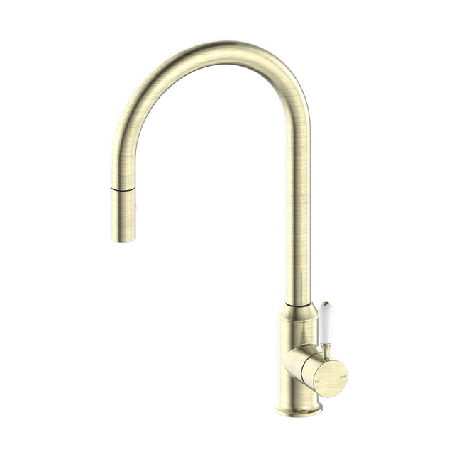 Nero York Pull Out Sink Mixer With Vegie Spray Function With White Porcelain Lever Aged Brass Tapware Nero