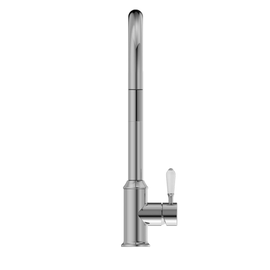 Nero York Pull Out Sink Mixer With Vegie Spray Function With White Porcelain Lever Chrome Tapware Nero