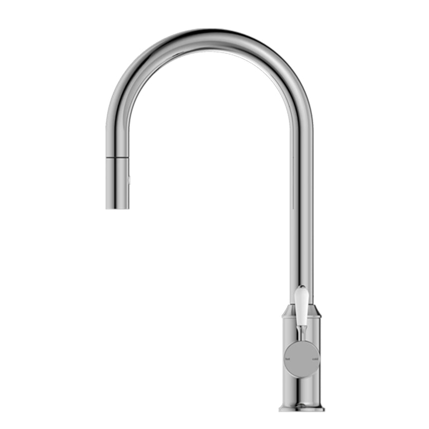 Nero York Pull Out Sink Mixer With Vegie Spray Function With White Porcelain Lever Chrome Tapware Nero