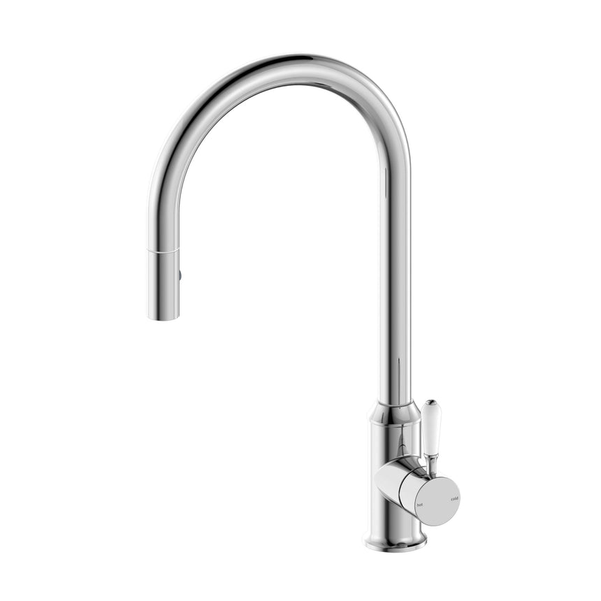 Nero York Pull Out Sink Mixer With Vegie Spray Function With White Porcelain Lever Chrome Tapware Nero