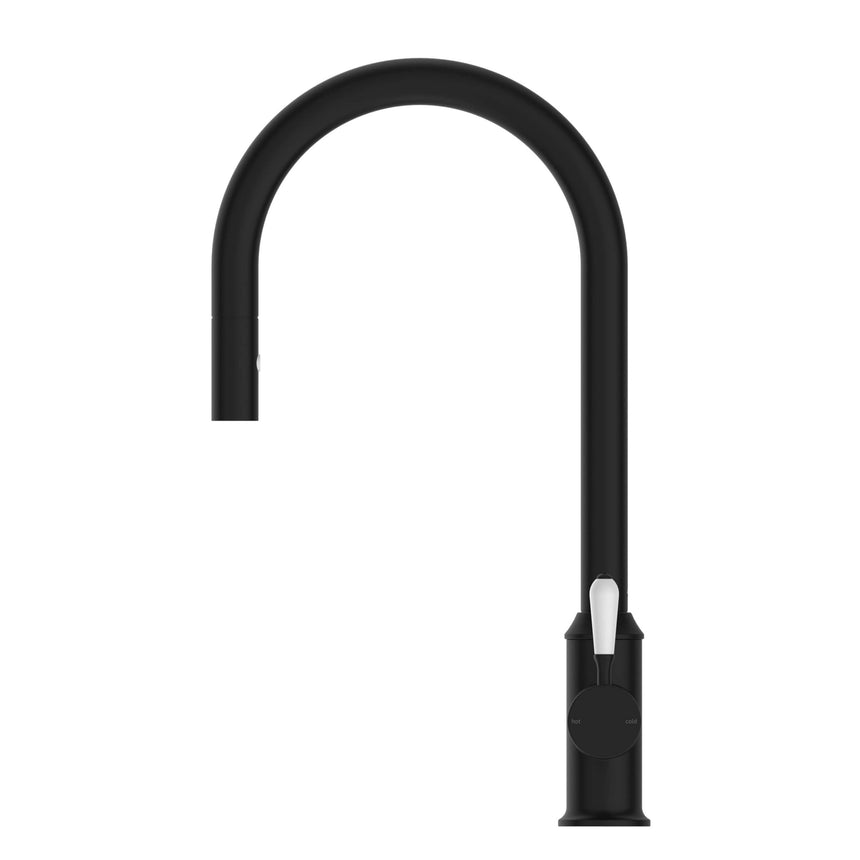 Nero York Pull Out Sink Mixer With Vegie Spray Function With White Porcelain Lever Matte Black Tapware Nero