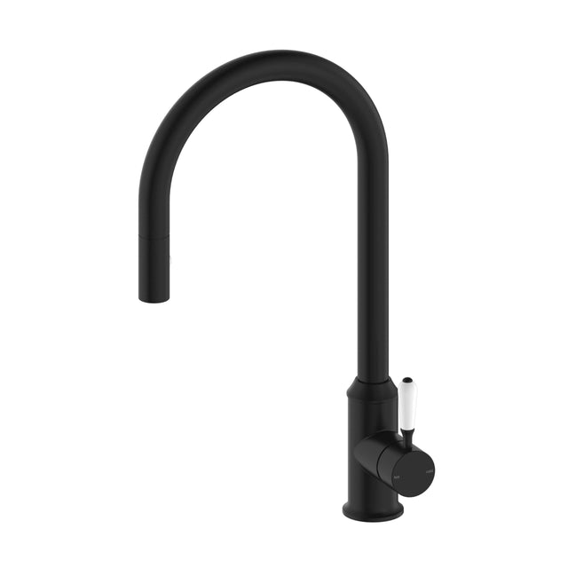 Nero York Pull Out Sink Mixer With Vegie Spray Function With White Porcelain Lever Matte Black Tapware Nero