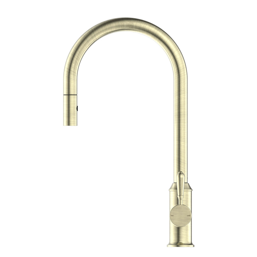 Nero York Pull Out Sink Mixer With Vegie Spray Function With Metal Lever Aged Brass Tapware Nero