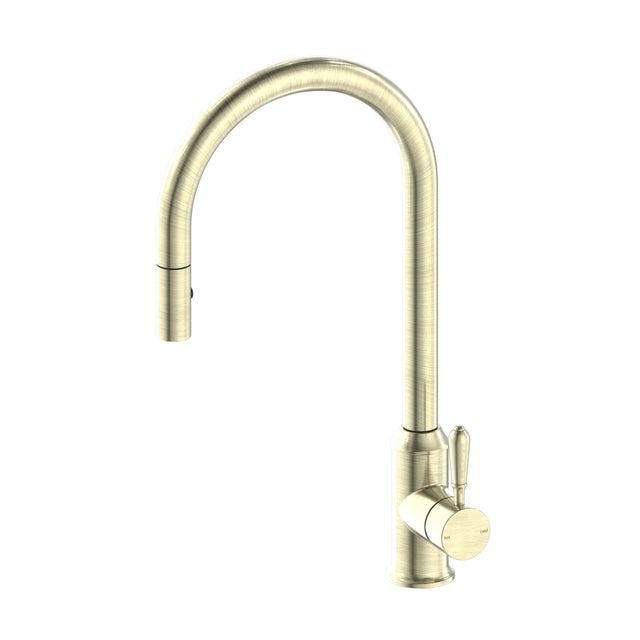 Nero York Pull Out Sink Mixer With Vegie Spray Function With Metal Lever Aged Brass Tapware Nero