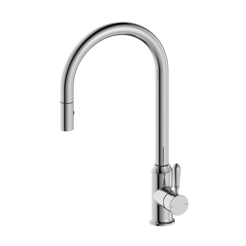 Nero York Pull Out Sink Mixer With Vegie Spray Function With Metal Lever Chrome Tapware Nero