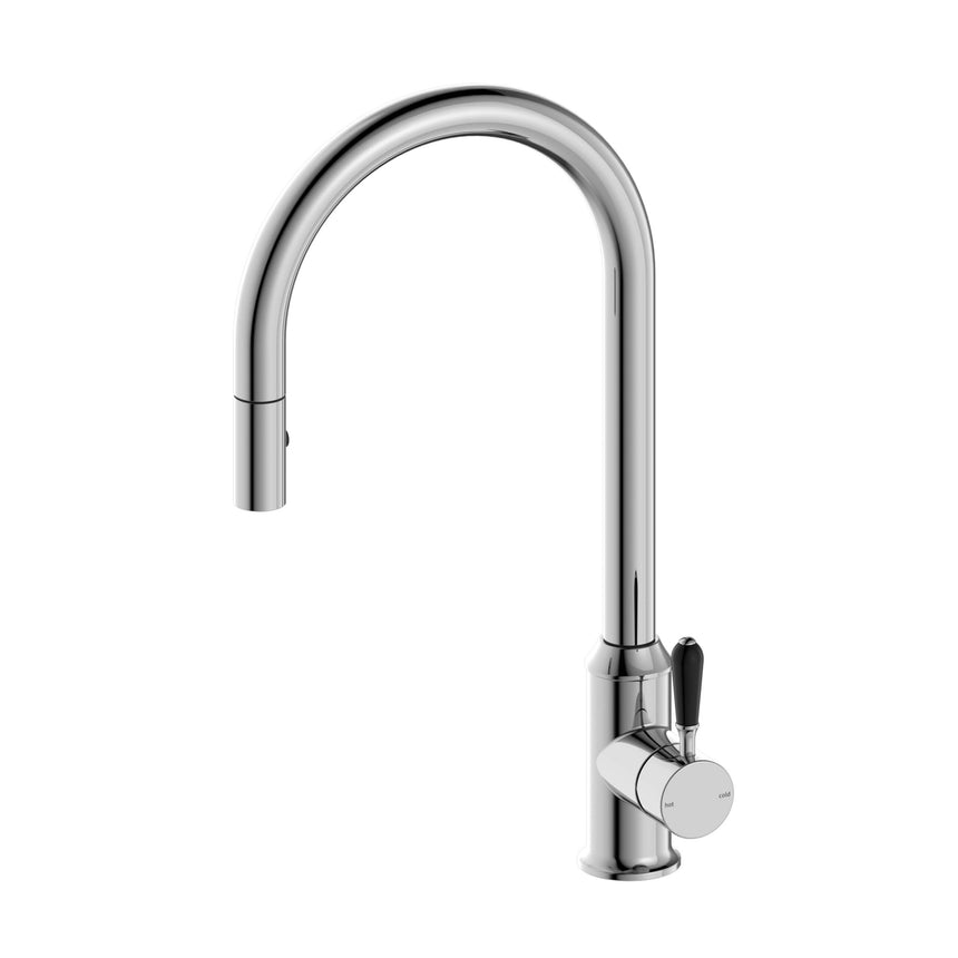 Nero York Pull Out Sink Mixer With Vegie Spray Function With Black Porcelain Lever Chrome Tapware Nero