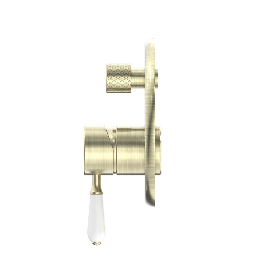 Nero York Shower Mixer With Divertor With White Porcelain Lever Aged Brass Shower Nero