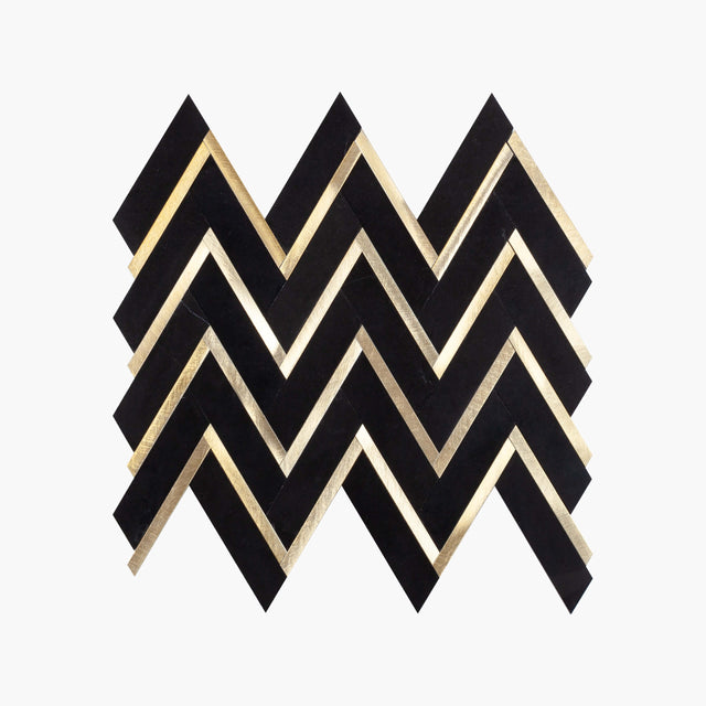 Natural Marble Mosaic Herringbone 25x93 NeroMarquina with Gold Metal Honed Marble Mosaic Tilemall