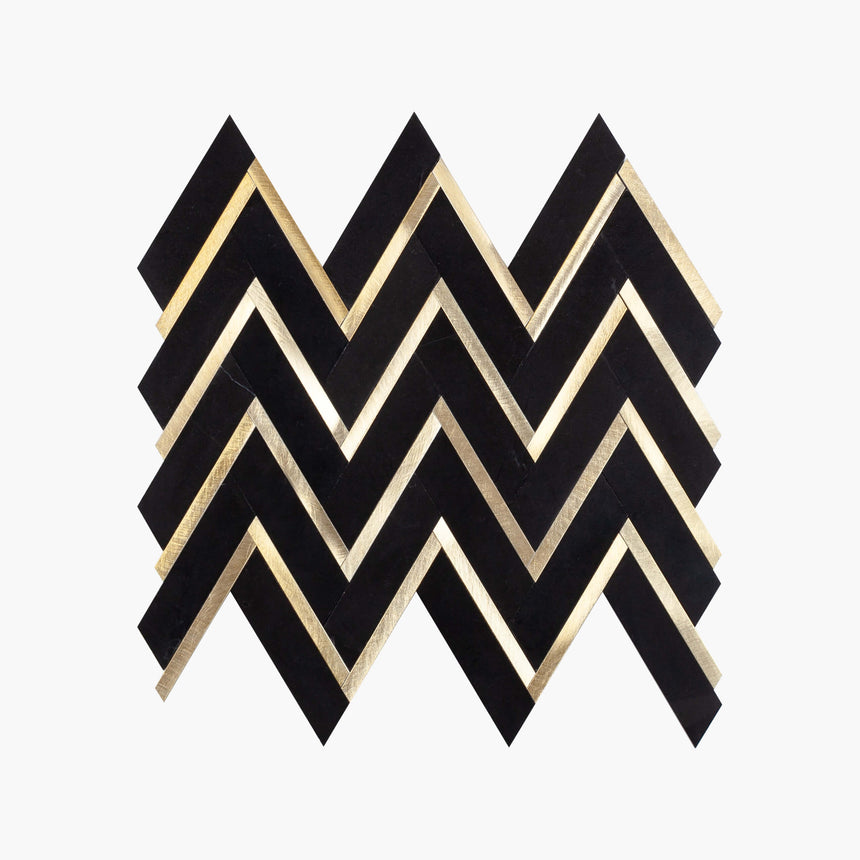 Natural Marble Mosaic Herringbone 25x93 NeroMarquina with Gold Metal Honed Marble Mosaic Tilemall