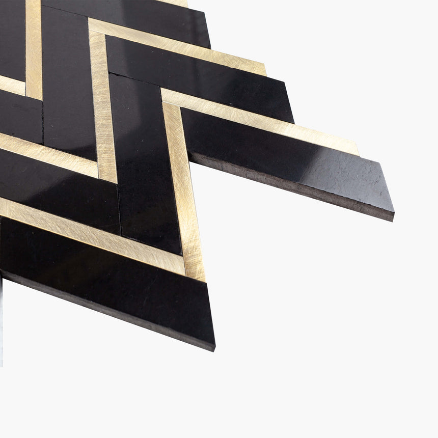 Natural Marble Mosaic Herringbone 25x93 NeroMarquina with Gold Metal Honed Marble Mosaic Tilemall