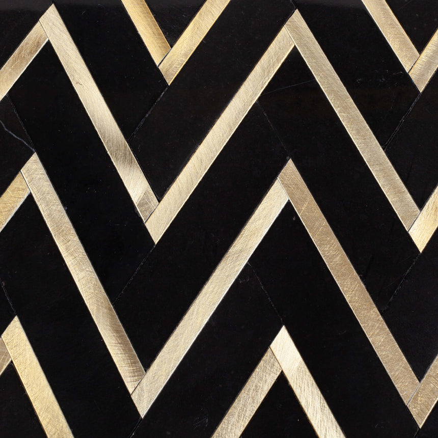 Natural Marble Mosaic Herringbone 25x93 NeroMarquina with Gold Metal Honed Marble Mosaic Tilemall