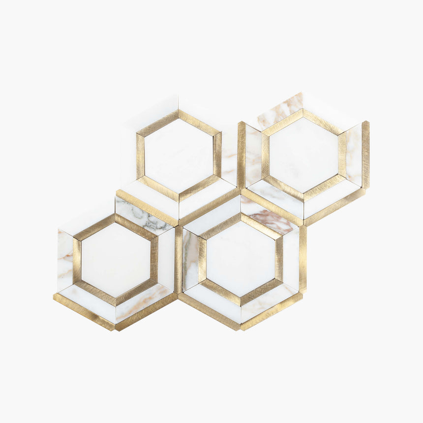Natural Marble Mosaic Hexagon 270x318 WhiteStone with Gold Metal Honed Marble Mosaic Tilemall