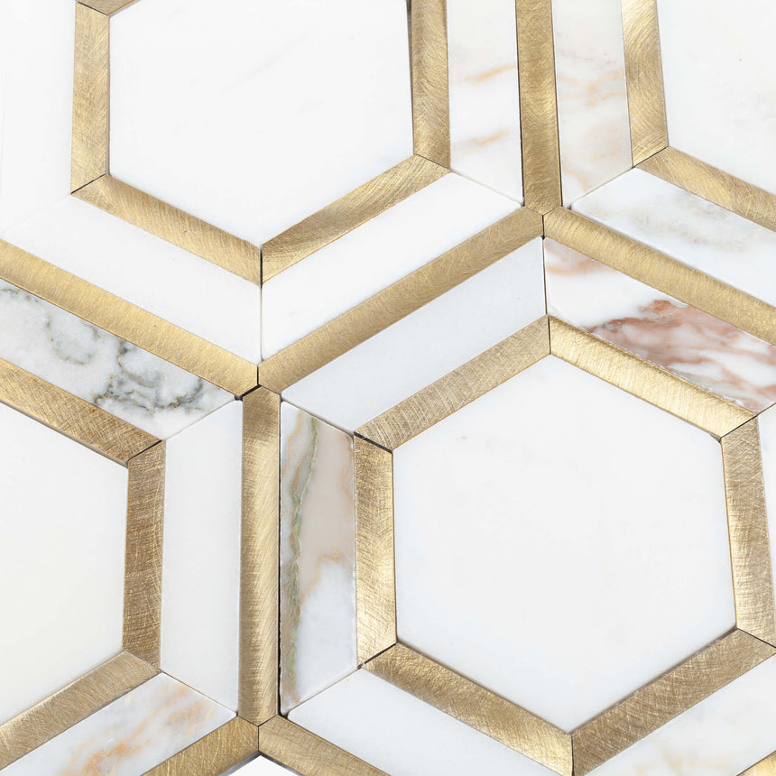 Natural Marble Mosaic Hexagon 270x318 WhiteStone with Gold Metal Honed Marble Mosaic Tilemall