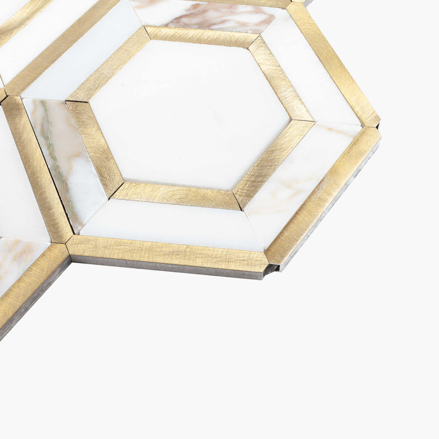 Natural Marble Mosaic Hexagon 270x318 WhiteStone with Gold Metal Honed Marble Mosaic Tilemall