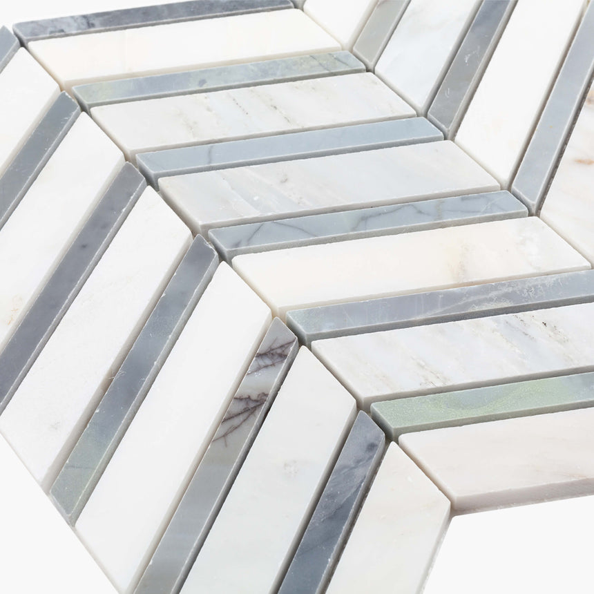 Natural Marble Mosaic Chevron 255x355 Carrara and Alaskan Blue Honed Marble Mosaic Tilemall