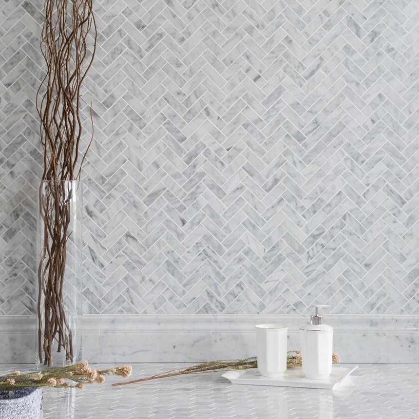 Natural Marble Mosaic Herringbone 25x75 Carrara Honed Marble Mosaic Tilemall