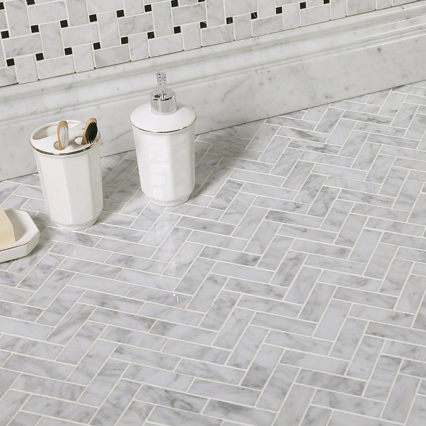 Natural Marble Mosaic Herringbone 25x75 Carrara Honed Marble Mosaic Tilemall