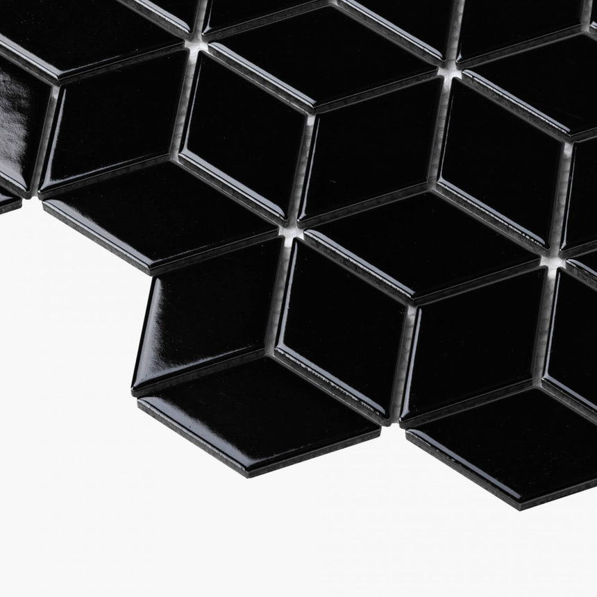 Porcelain Mosaic Diamond Cube 83x48 Gloss Black Porcelain Mosaic Tilemall