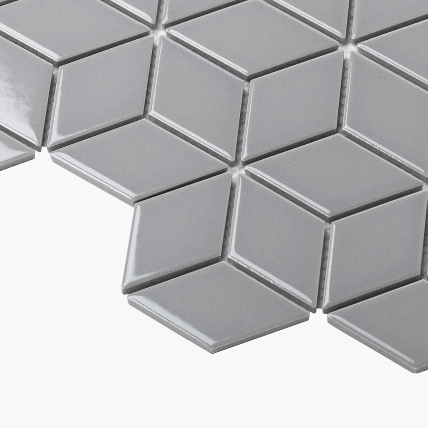 Porcelain Mosaic Diamond Cube 83x48 Gloss Grey Porcelain Mosaic Tilemall