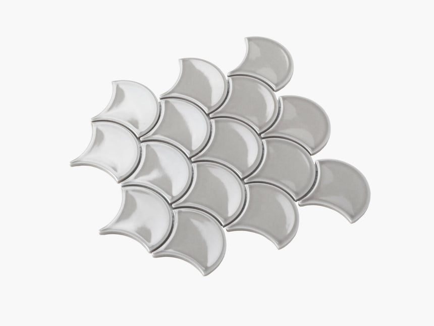 Porcelain Mosaic Fish Scale 95mm Glossy Light Grey Porcelain Mosaic Tilemall