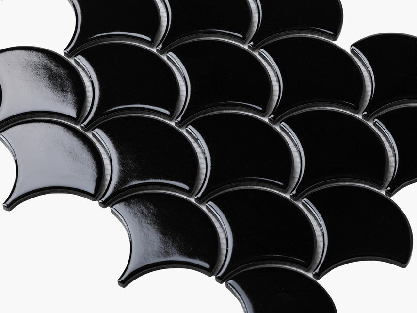 Porcelain Mosaic Fish Scale 75mm Gloss Black Porcelain Mosaic Tilemall