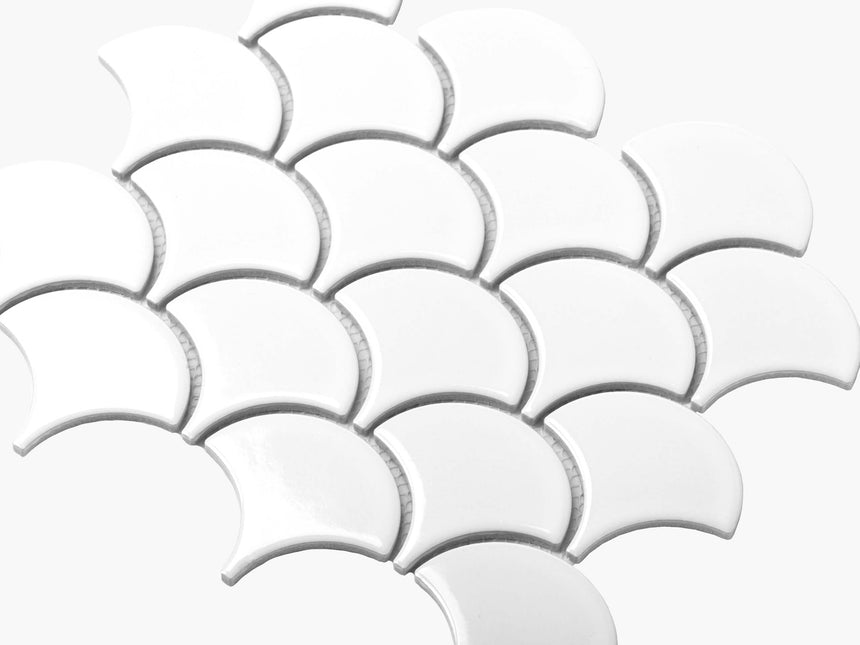 Porcelain Mosaic Fish Scale 75mm Gloss White Porcelain Mosaic Tilemall