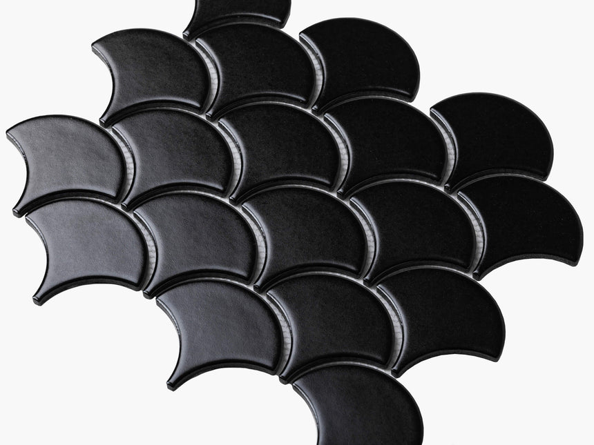 Porcelain Mosaic Fish Scale 75mm Matt Black Porcelain Mosaic Tilemall